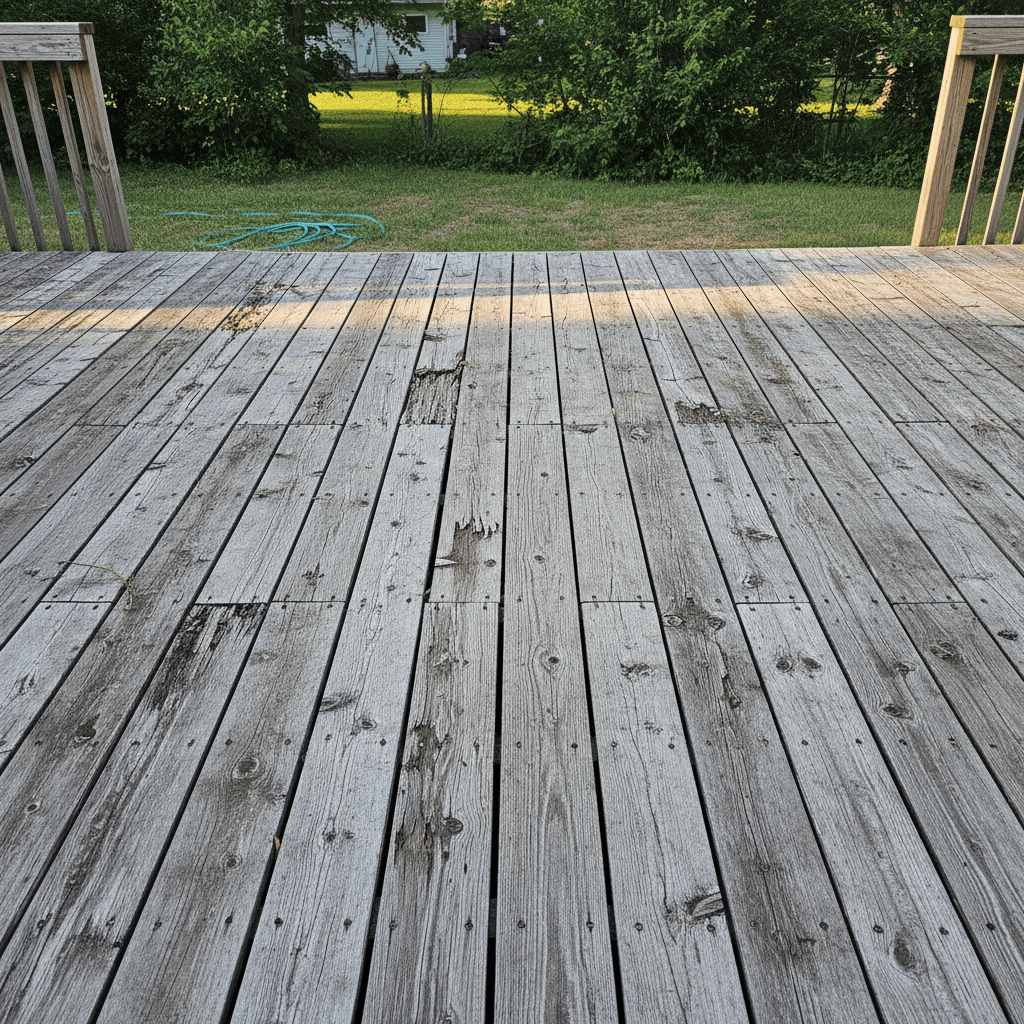 Weathered deck with gray patina and wood damage before restoration