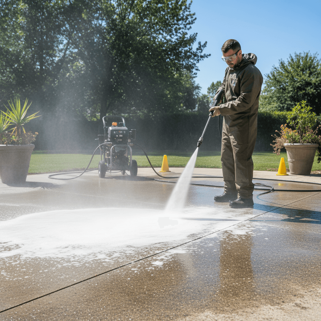 Power washing concrete patio