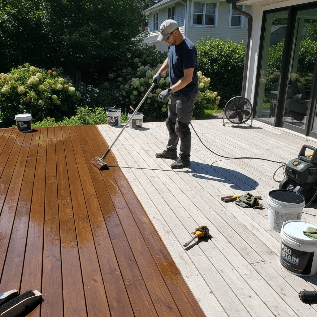 Professional staining application by deck specialist