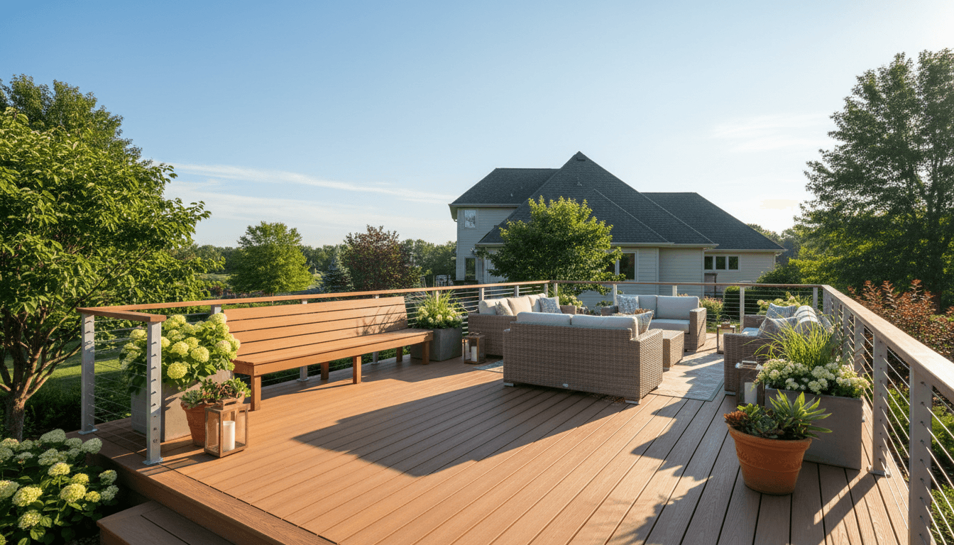 Beautifully restored wooden deck with fresh stain and clear finish in bright natural sunlight