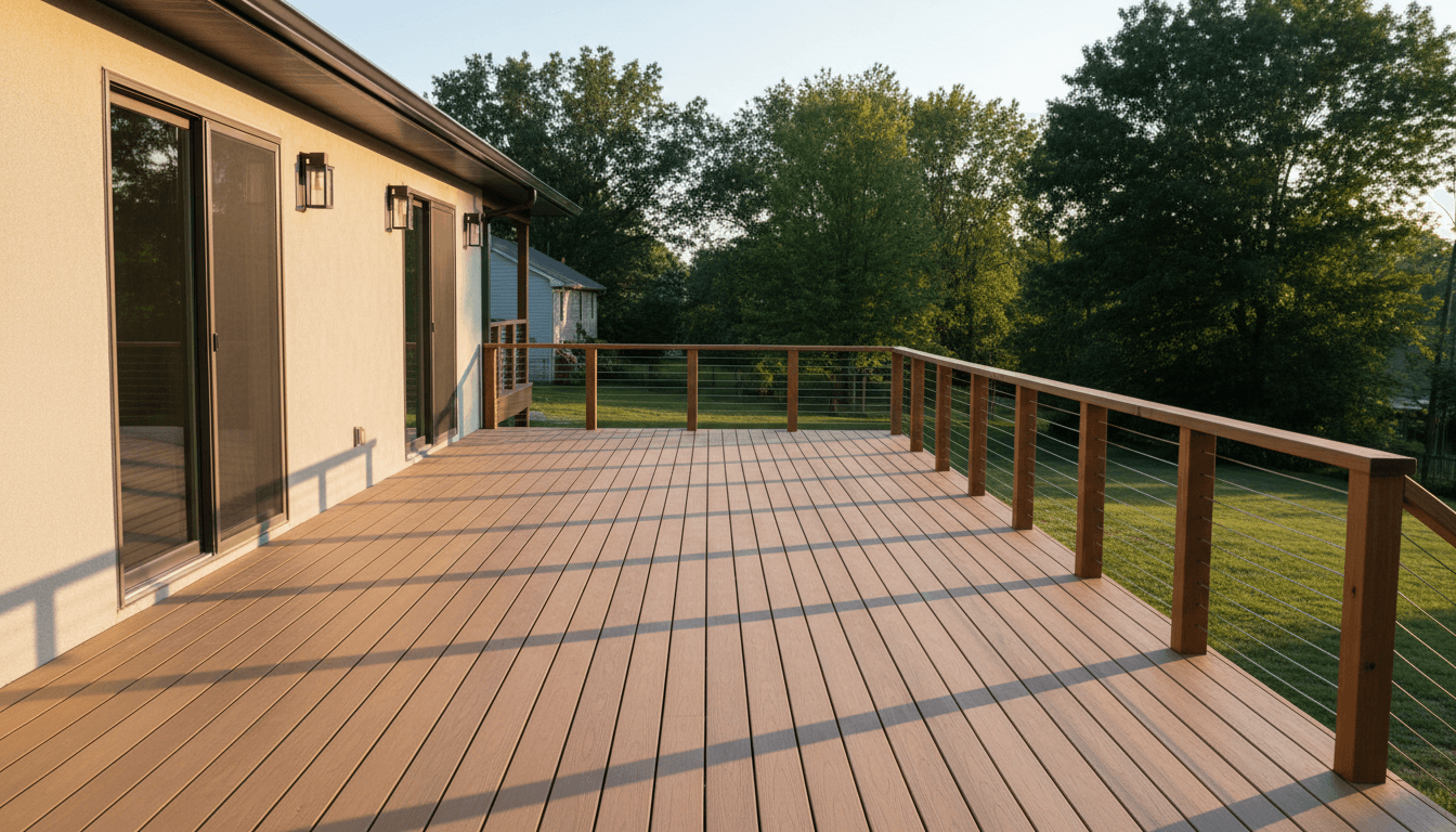 Professionally restored deck with rich wood finish and clear weather in Batavia Illinois home