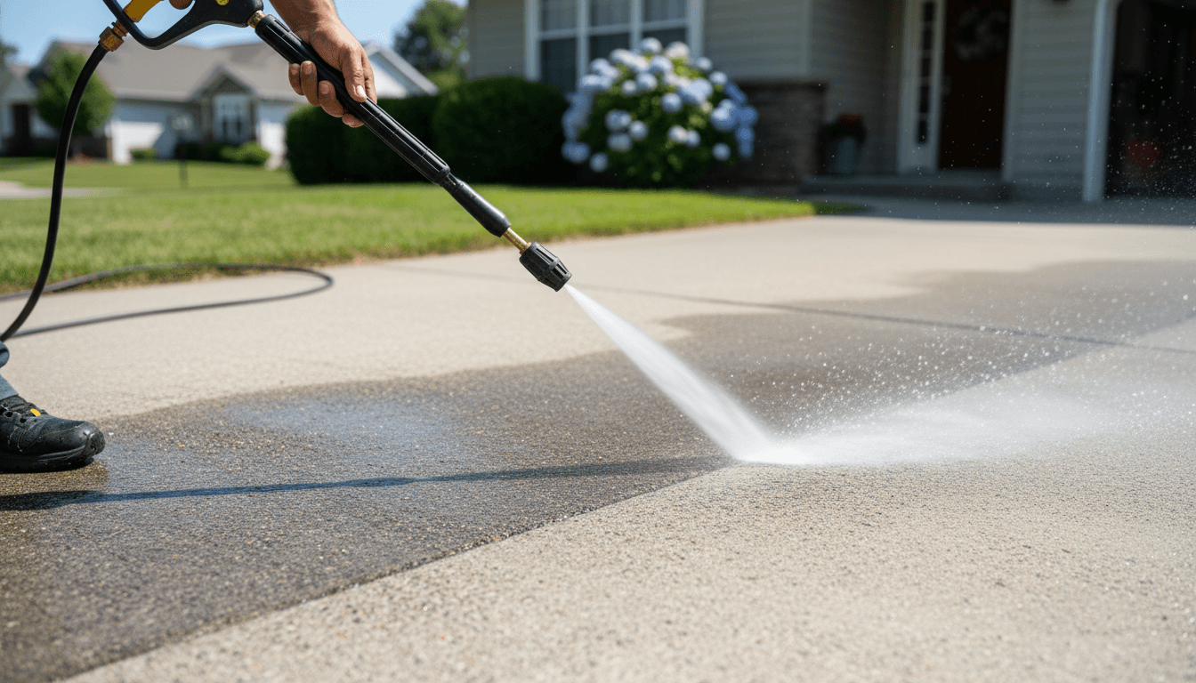 Power washing service cleaning concrete surfaces with professional results