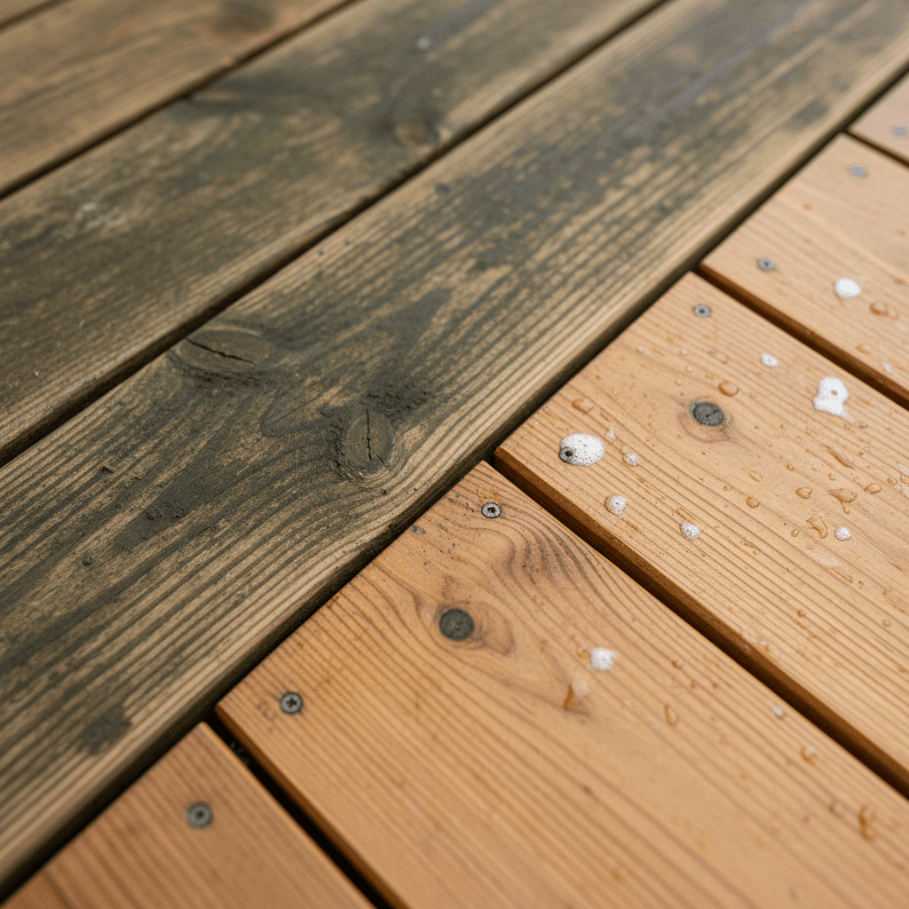 Deck before restoration showing faded stain and weathering