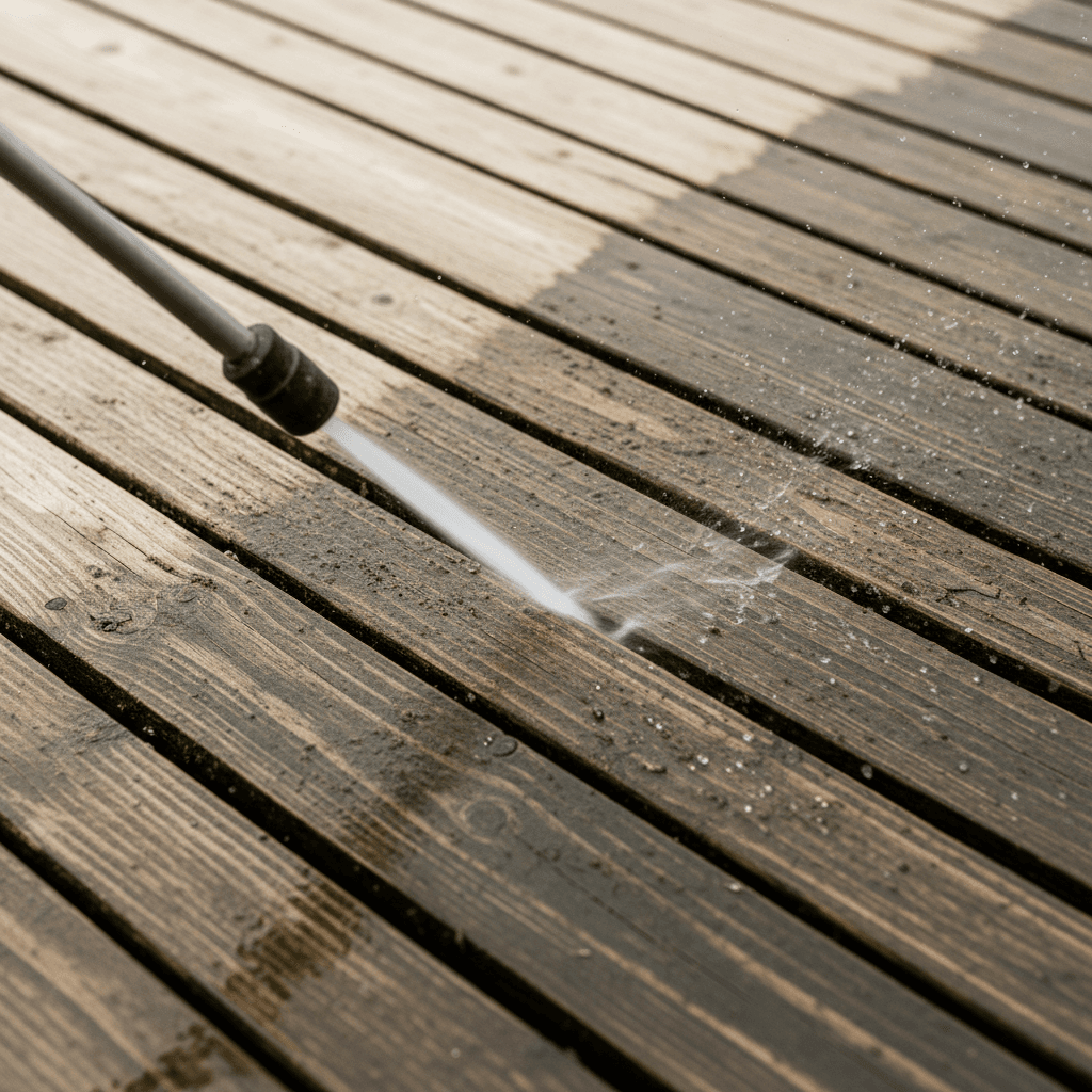 Professional deck cleaning service showing cleaned wooden deck surface