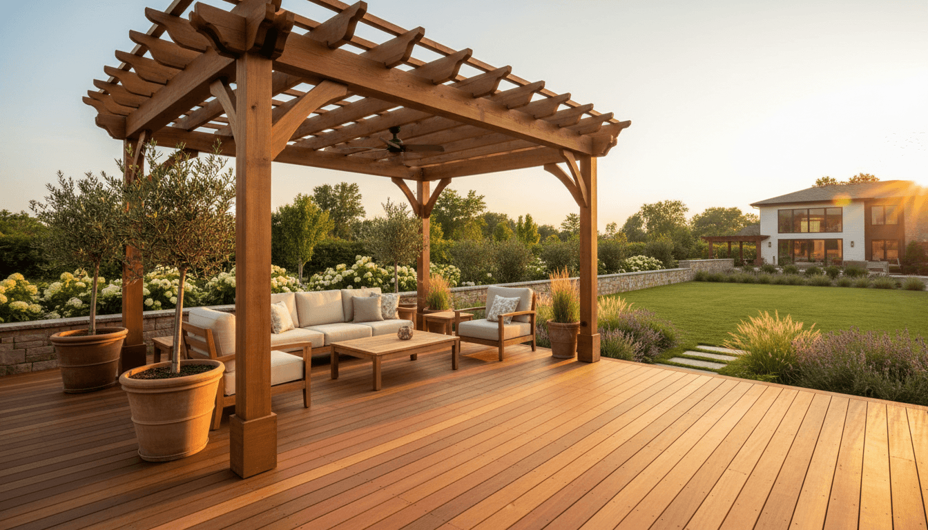 Premium wooden deck and pergola structure in residential garden during sunset, showcasing custom carpentry and outdoor design