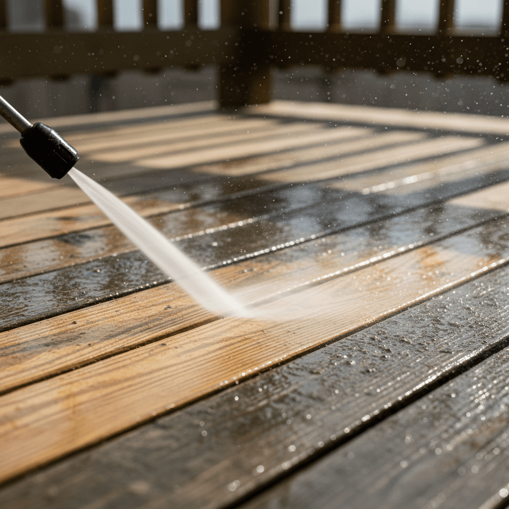 Same deck after oil penetrating stain restoration with vibrant color